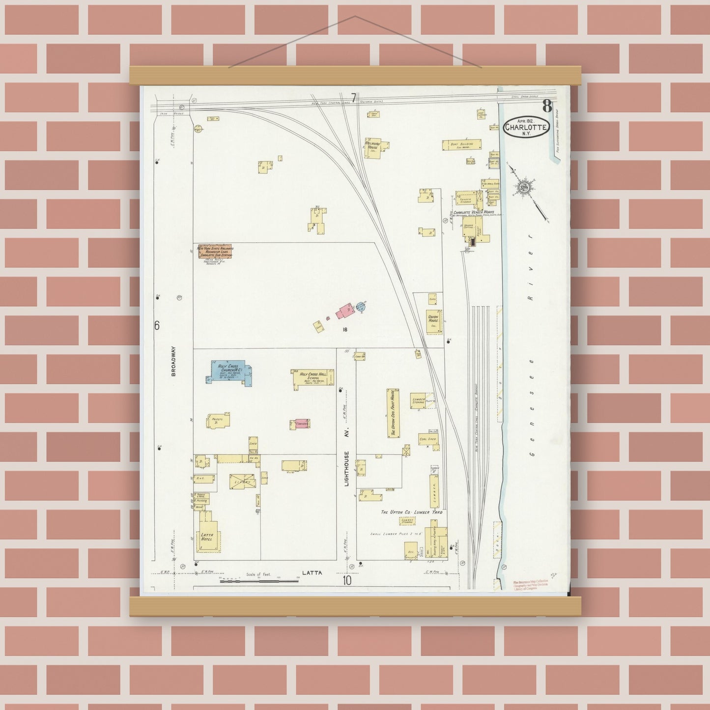 Old map wall art mockup — magnetic wood frame on brick wall — Sanborn Fire Insurance Map from Charlotte, Monroe County, New York (1912), Sheet #0008