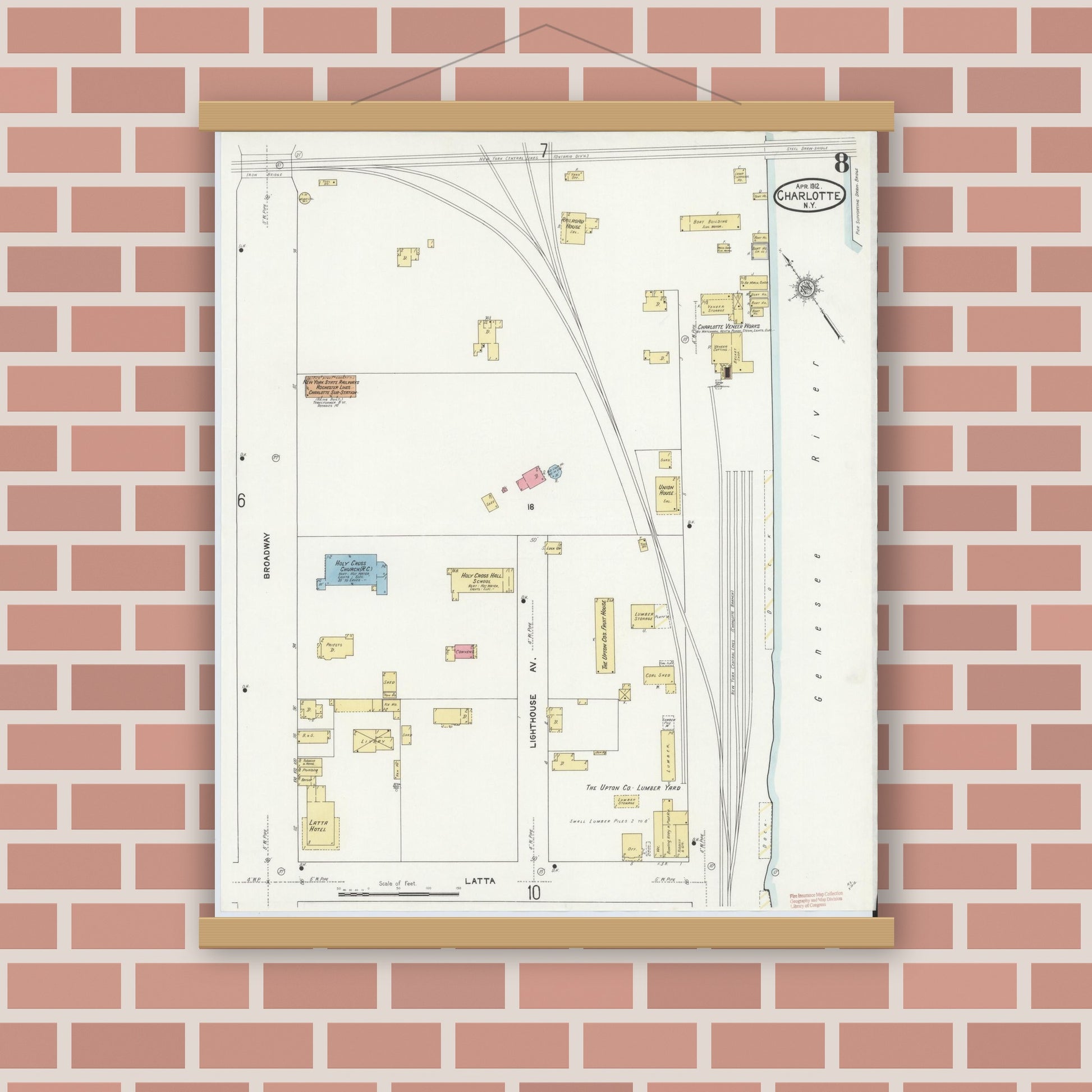 Old map wall art mockup — magnetic wood frame on brick wall — Sanborn Fire Insurance Map from Charlotte, Monroe County, New York (1912), Sheet #0008
