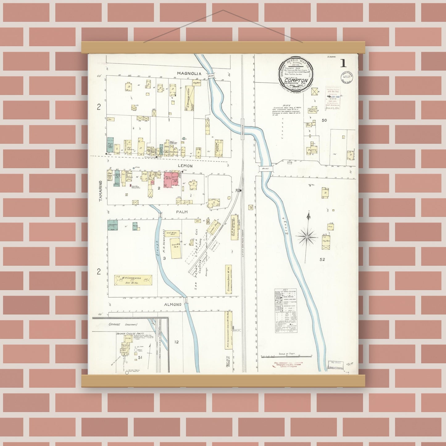 Old map wall art mockup — magnetic wood frame on brick wall — Sanborn Fire Insurance Map from Compton, Los Angeles County, California (1900), Sheet #0001
