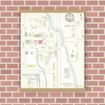 Old map wall art mockup — magnetic wood frame on brick wall — Sanborn Fire Insurance Map from Compton, Los Angeles County, California (1900), Sheet #0001