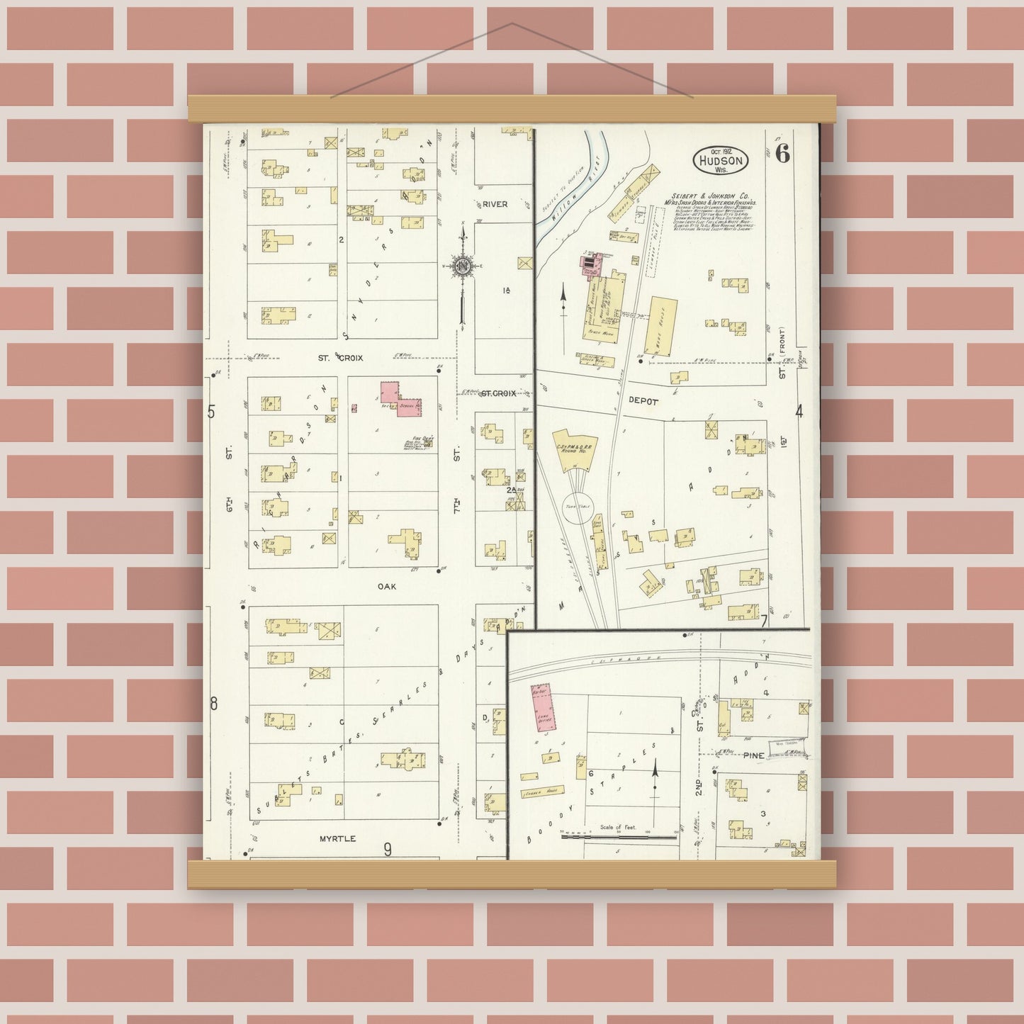 Old map wall art mockup — magnetic wood frame on brick wall — Sanborn Fire Insurance Map from Hudson, St. Croix County, Wisconsin (1912), Sheet #0006