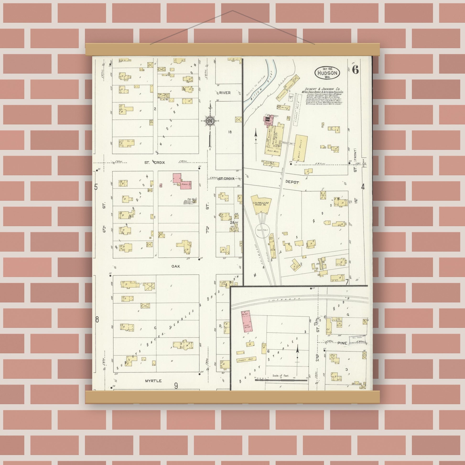 Old map wall art mockup — magnetic wood frame on brick wall — Sanborn Fire Insurance Map from Hudson, St. Croix County, Wisconsin (1912), Sheet #0006