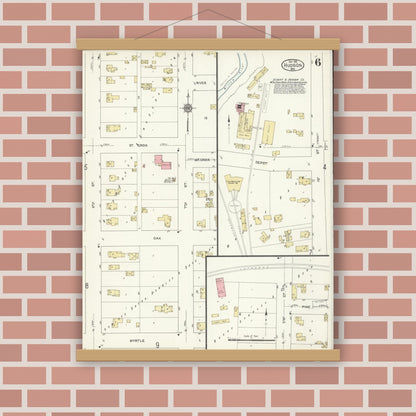 Old map wall art mockup — magnetic wood frame on brick wall — Sanborn Fire Insurance Map from Hudson, St. Croix County, Wisconsin (1912), Sheet #0006