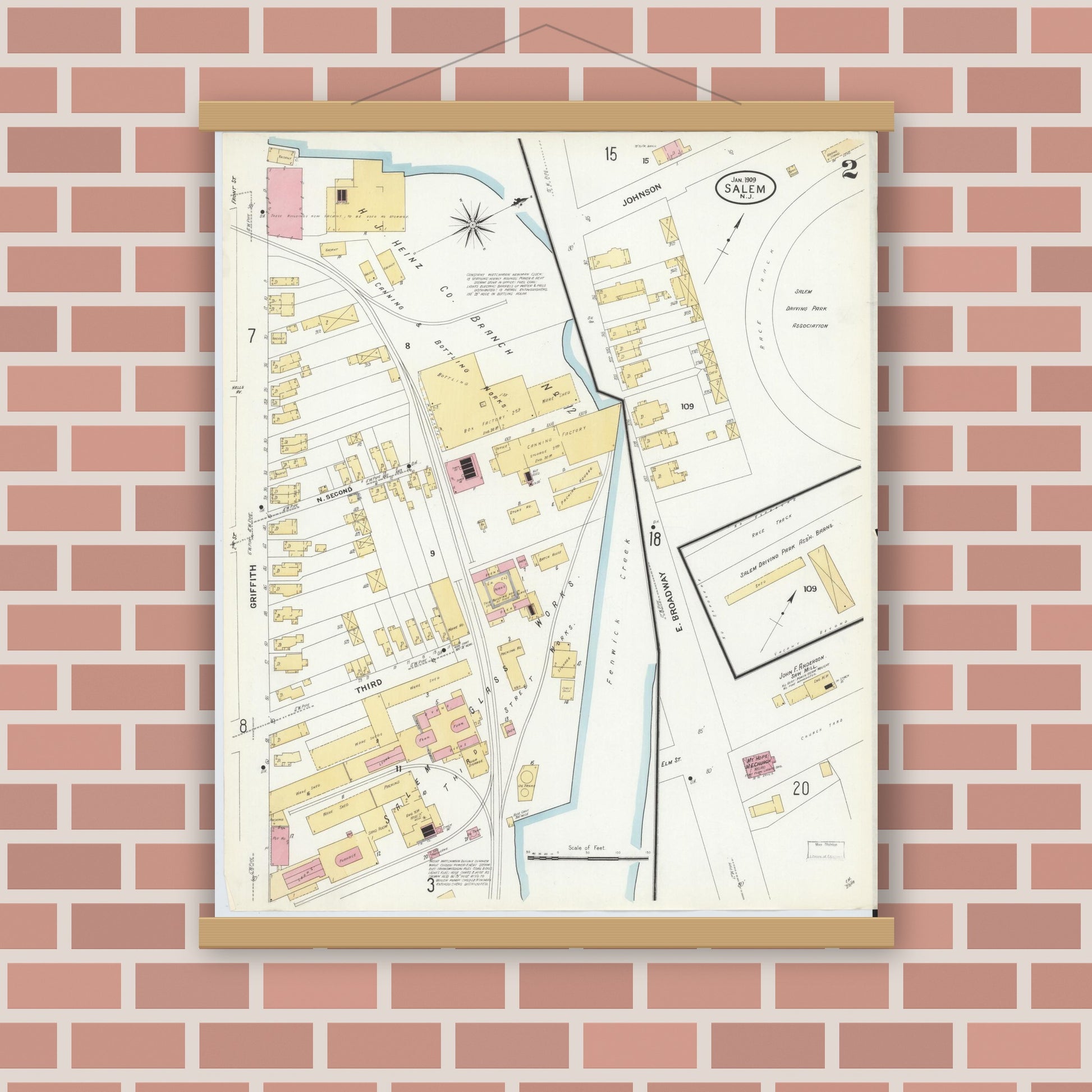 Old map wall art mockup — magnetic wood frame on brick wall — Sanborn Fire Insurance Map from Salem, Salem County, New Jersey (1909) - Complete Map Set