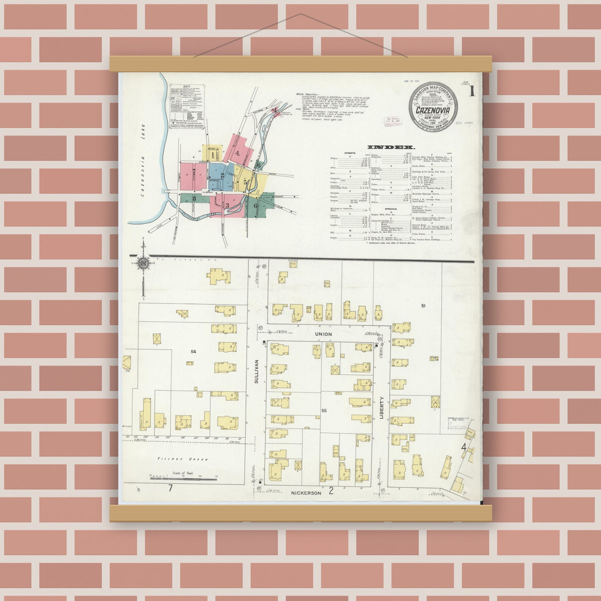 Old map wall art mockup — magnetic wood frame on brick wall — Sanborn Fire Insurance Map from Cazenovia, Madison County, New York (1911) - Complete Map Set