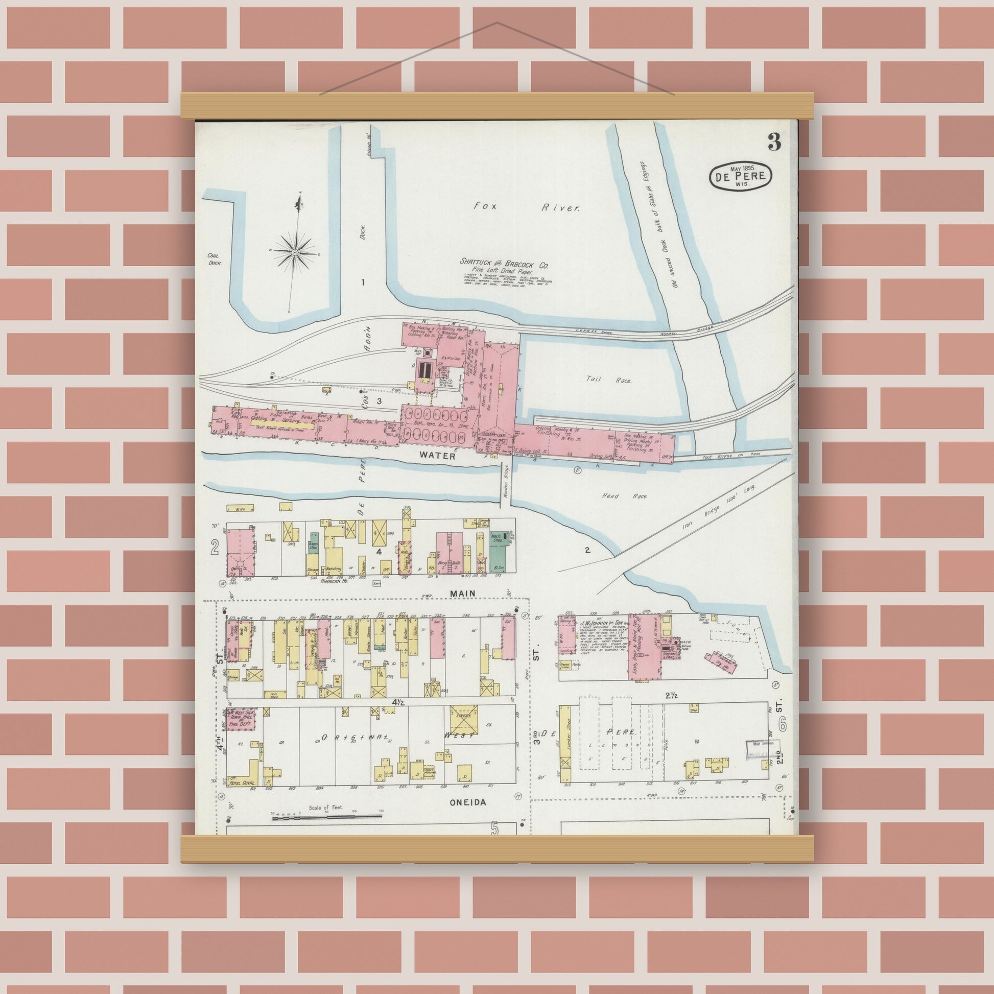 Old map wall art mockup — magnetic wood frame on brick wall — Sanborn Fire Insurance Map from De Pere, Brown County, Wisconsin (1895), Sheet #0003