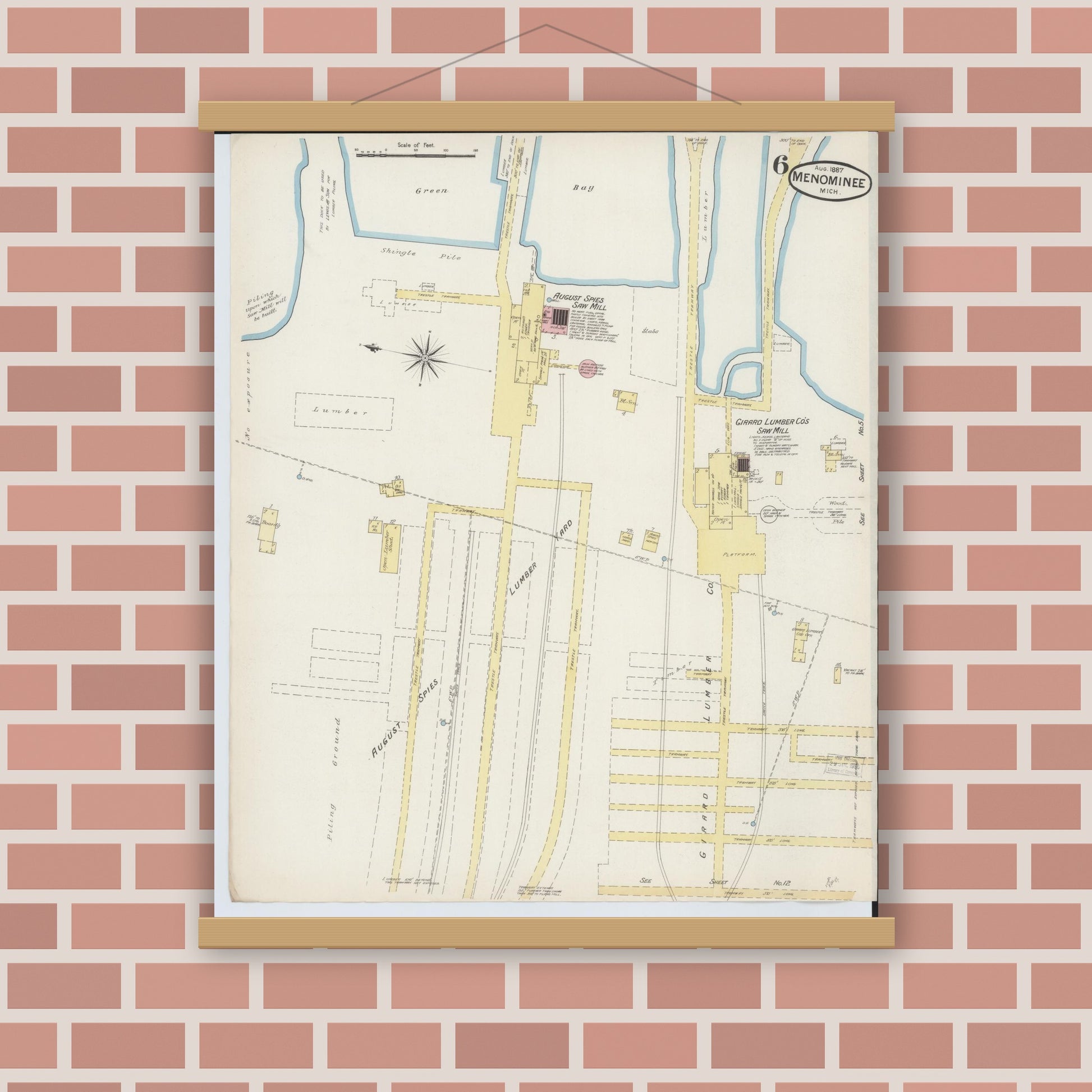 Old map wall art mockup — magnetic wood frame on brick wall — Sanborn Fire Insurance Map from Menominee, Menominee County, Michigan (1887), Sheet #0006