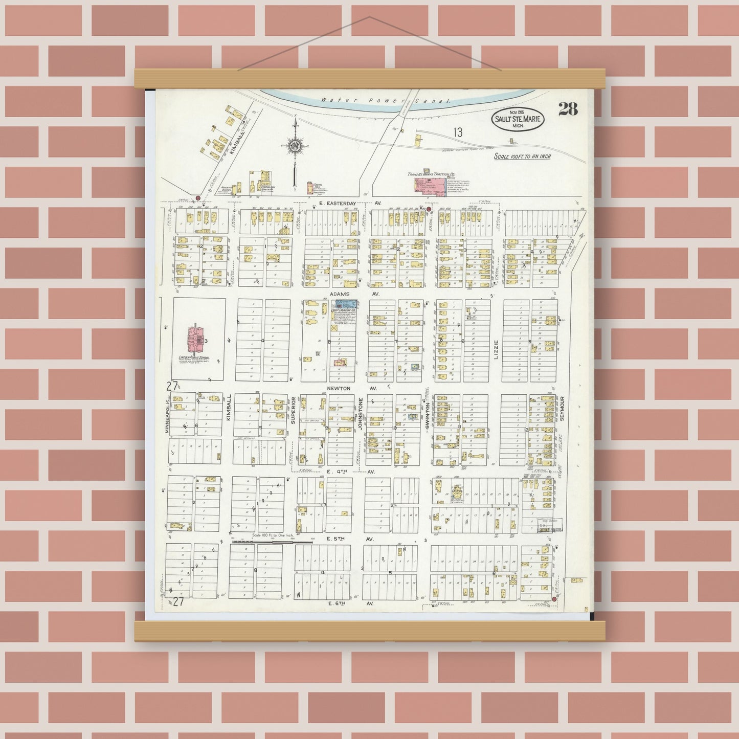 Old map wall art mockup — magnetic wood frame on brick wall — Sanborn Fire Insurance Map from Sault Sainte Marie, Chippewa County, Michigan (1915), Sheet #0028