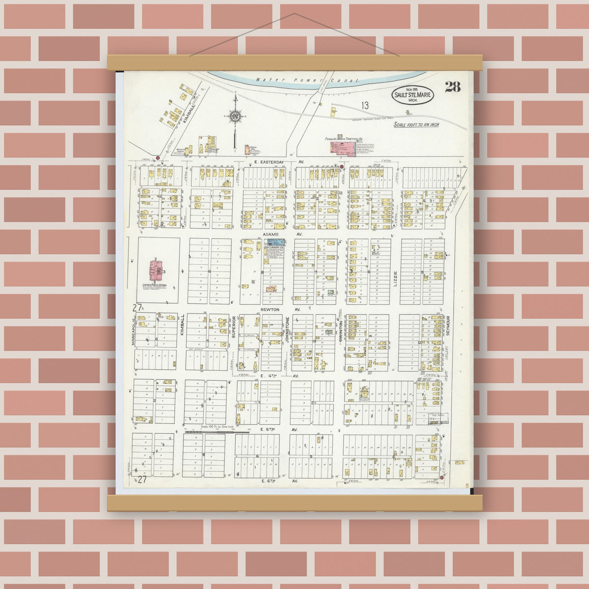 Old map wall art mockup — magnetic wood frame on brick wall — Sanborn Fire Insurance Map from Sault Sainte Marie, Chippewa County, Michigan (1915), Sheet #0028