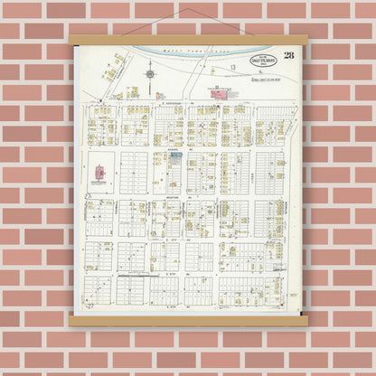 Old map wall art mockup — magnetic wood frame on brick wall — Sanborn Fire Insurance Map from Sault Sainte Marie, Chippewa County, Michigan (1915), Sheet #0028