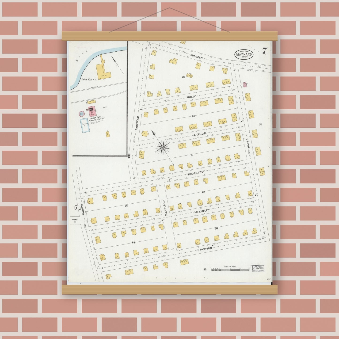 Old map wall art mockup — magnetic wood frame on brick wall — Sanborn Fire Insurance Map from Maynard, Middlesex County, Massachusetts (1904), Sheet #0007