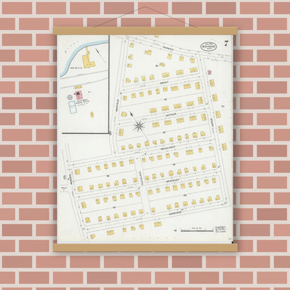 Old map wall art mockup — magnetic wood frame on brick wall — Sanborn Fire Insurance Map from Maynard, Middlesex County, Massachusetts (1904), Sheet #0007