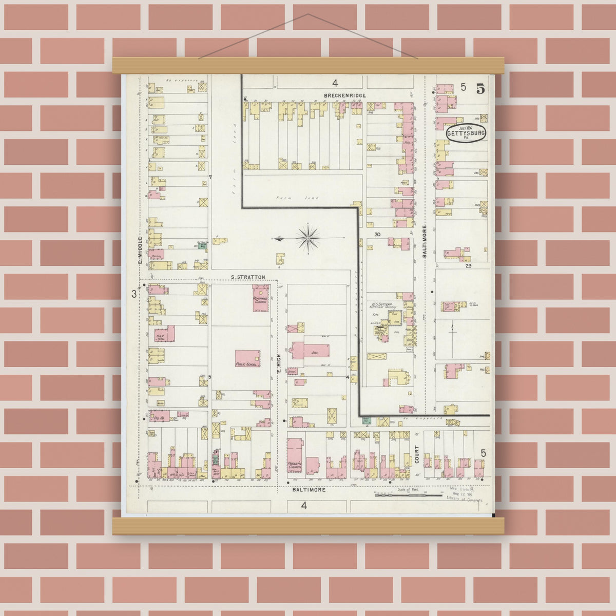 Old map wall art mockup — magnetic wood frame on brick wall — Sanborn Fire Insurance Map from Gettysburg, Adams County, Pennsylvania (1896), Sheet #0005