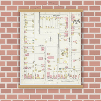 Old map wall art mockup — magnetic wood frame on brick wall — Sanborn Fire Insurance Map from Gettysburg, Adams County, Pennsylvania (1896), Sheet #0005