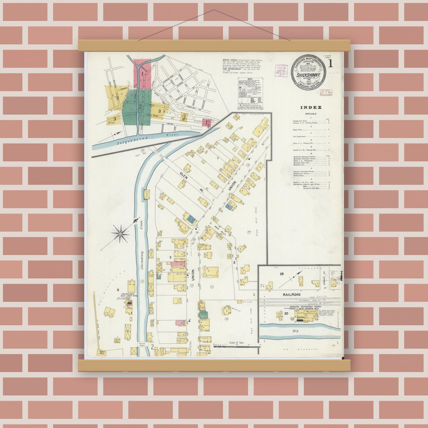 Old map wall art mockup — magnetic wood frame on brick wall — Sanborn Fire Insurance Map from Shickshinny, Luzerne County, Pennsylvania (1907) - Complete Map Set