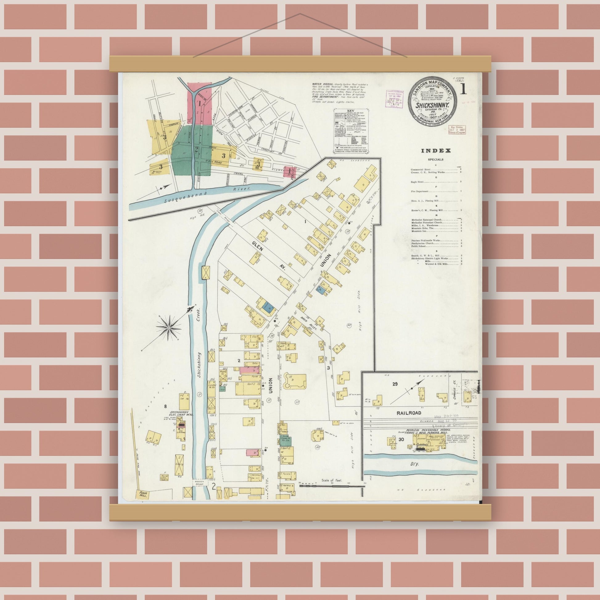Old map wall art mockup — magnetic wood frame on brick wall — Sanborn Fire Insurance Map from Shickshinny, Luzerne County, Pennsylvania (1907) - Complete Map Set