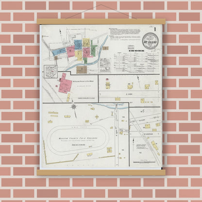 Old map wall art mockup — magnetic wood frame on brick wall — Sanborn Fire Insurance Map from Mount Gilead, Morrow County, Ohio (1919), Sheet #0001
