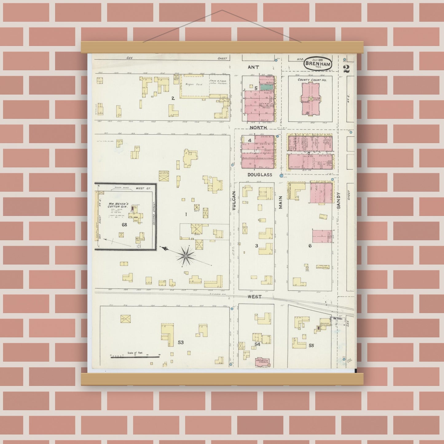 Old map wall art mockup — magnetic wood frame on brick wall — Sanborn Fire Insurance Map from Brenham, Washington County, Texas (1891), Sheet #0002