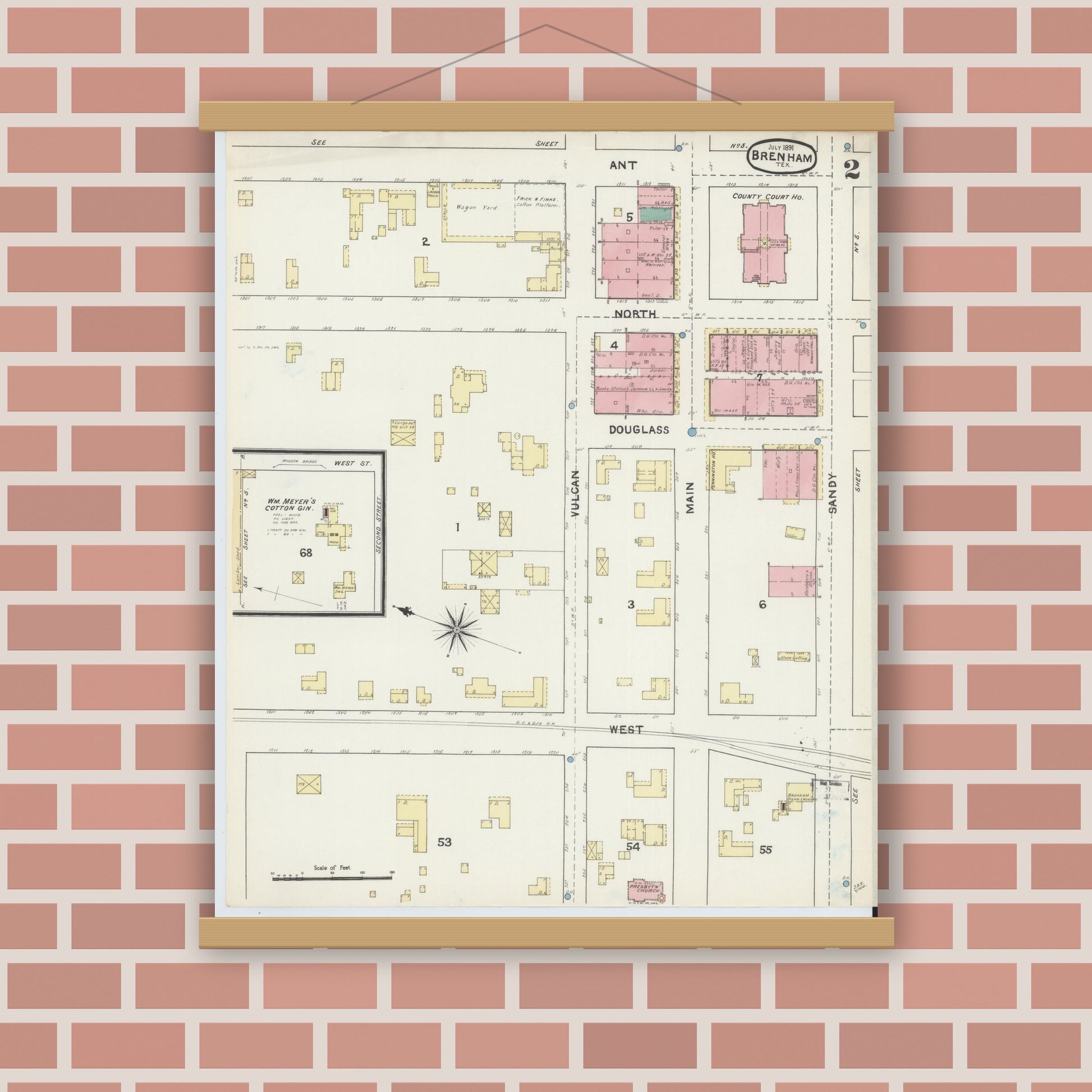 Old map wall art mockup — magnetic wood frame on brick wall — Sanborn Fire Insurance Map from Brenham, Washington County, Texas (1891), Sheet #0002
