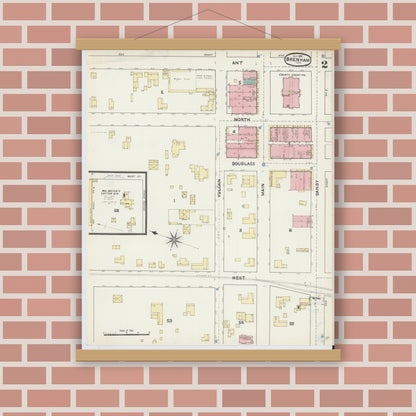 Old map wall art mockup — magnetic wood frame on brick wall — Sanborn Fire Insurance Map from Brenham, Washington County, Texas (1891), Sheet #0002