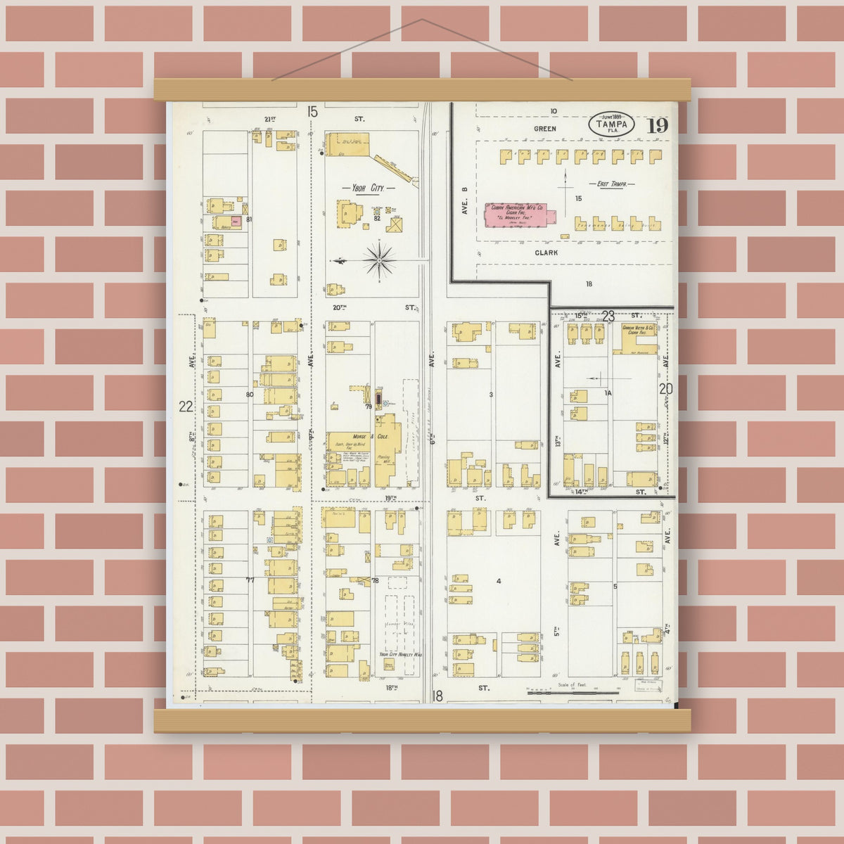 Old map wall art mockup — magnetic wood frame on brick wall — Sanborn Fire Insurance Map from Tampa, Hillsborough County, Florida (1899), Sheet #0019