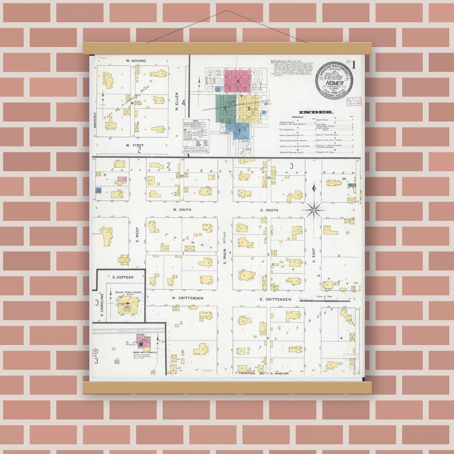 Old map wall art mockup — magnetic wood frame on brick wall — Sanborn Fire Insurance Map from Homer, Champaign County, Illinois (1909), Sheet #0001