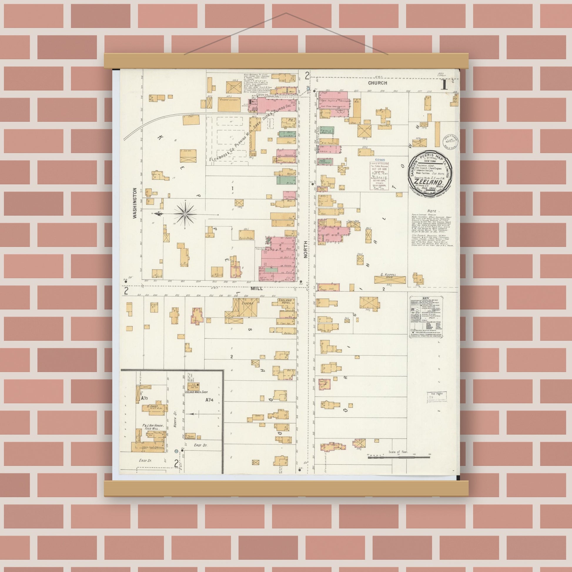 Old map wall art mockup — magnetic wood frame on brick wall — Sanborn Fire Insurance Map from Zeeland, Ottawa County, Michigan (1900) - Complete Map Set
