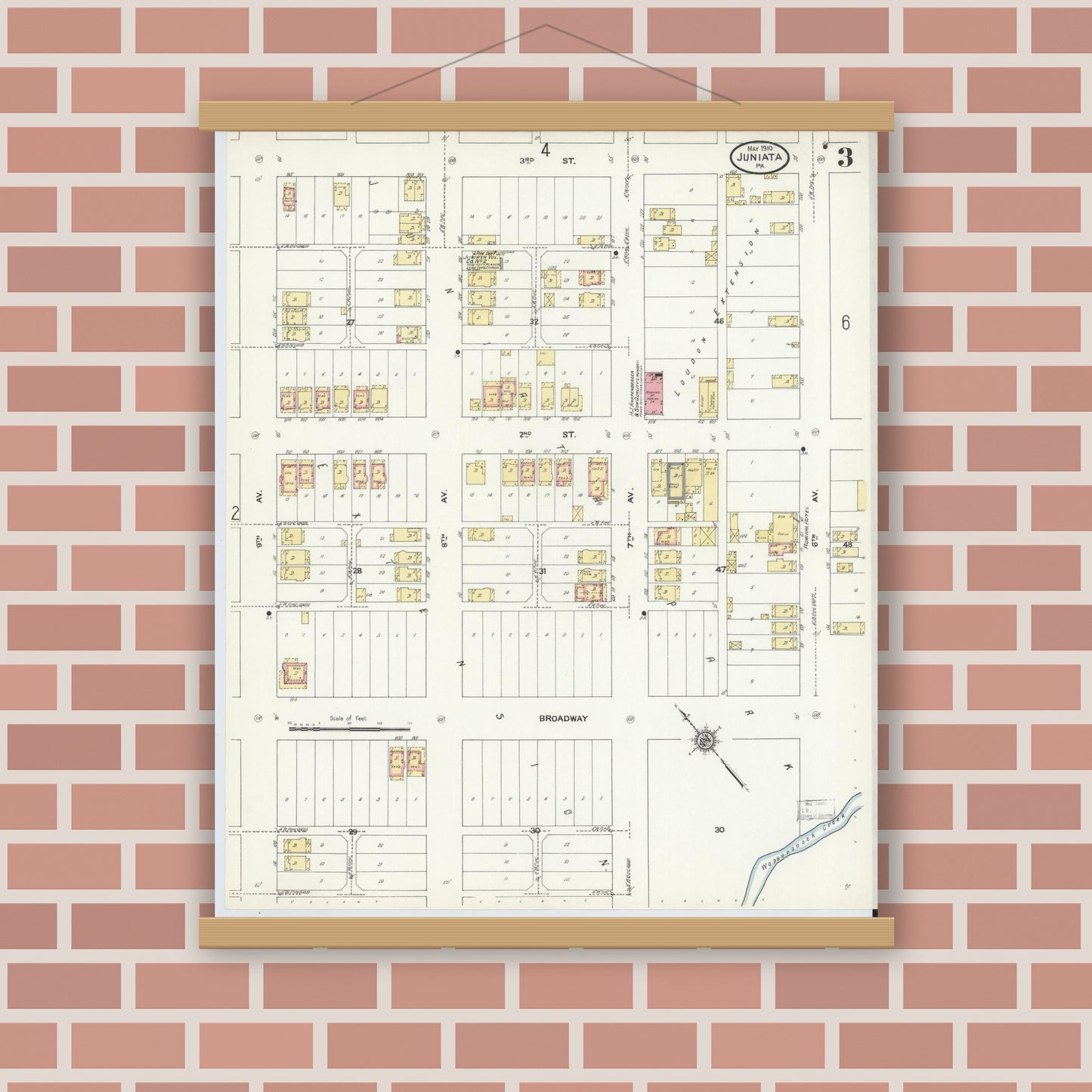 Old map wall art mockup — magnetic wood frame on brick wall — Sanborn Fire Insurance Map from Juniata, Blair County, Pennsylvania (1910), Sheet #0003