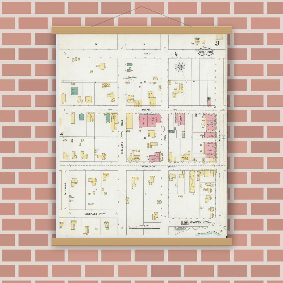 Old map wall art mockup — magnetic wood frame on brick wall — Sanborn Fire Insurance Map from Wharton, Wharton County, Texas (1906), Sheet #0003