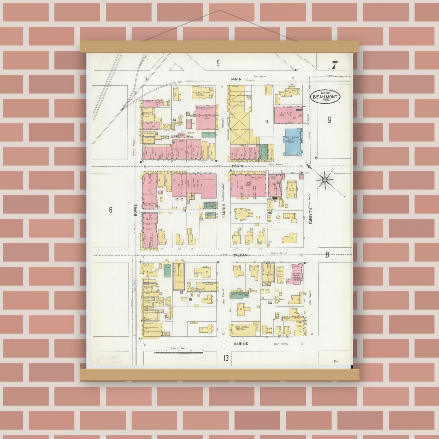 Old map wall art mockup — magnetic wood frame on brick wall — Sanborn Fire Insurance Map from Beaumont, Jefferson County, Texas (1904), Sheet #0007