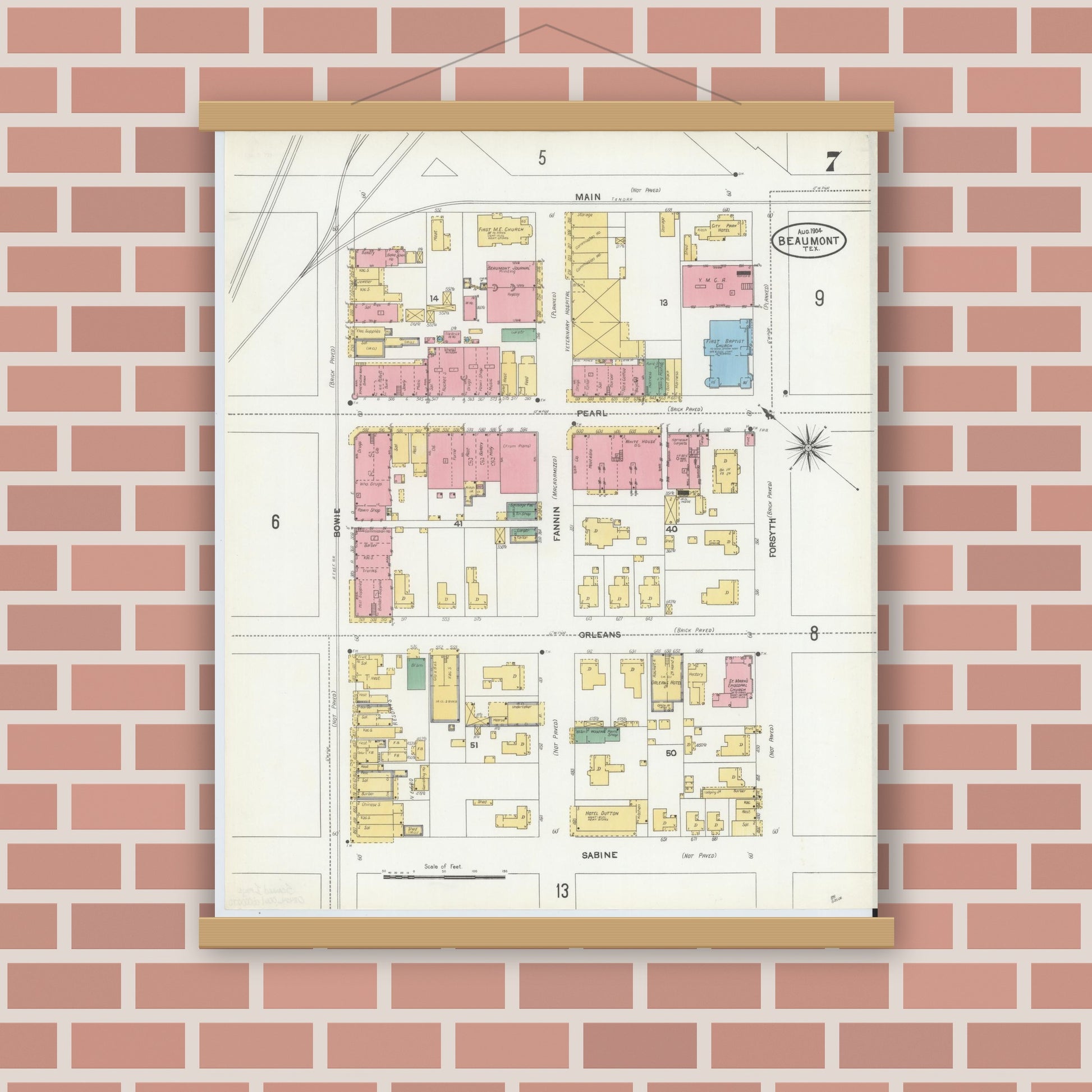 Old map wall art mockup — magnetic wood frame on brick wall — Sanborn Fire Insurance Map from Beaumont, Jefferson County, Texas (1904), Sheet #0007