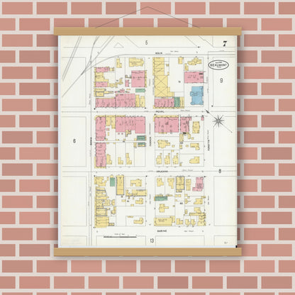 Old map wall art mockup — magnetic wood frame on brick wall — Sanborn Fire Insurance Map from Beaumont, Jefferson County, Texas (1904), Sheet #0007