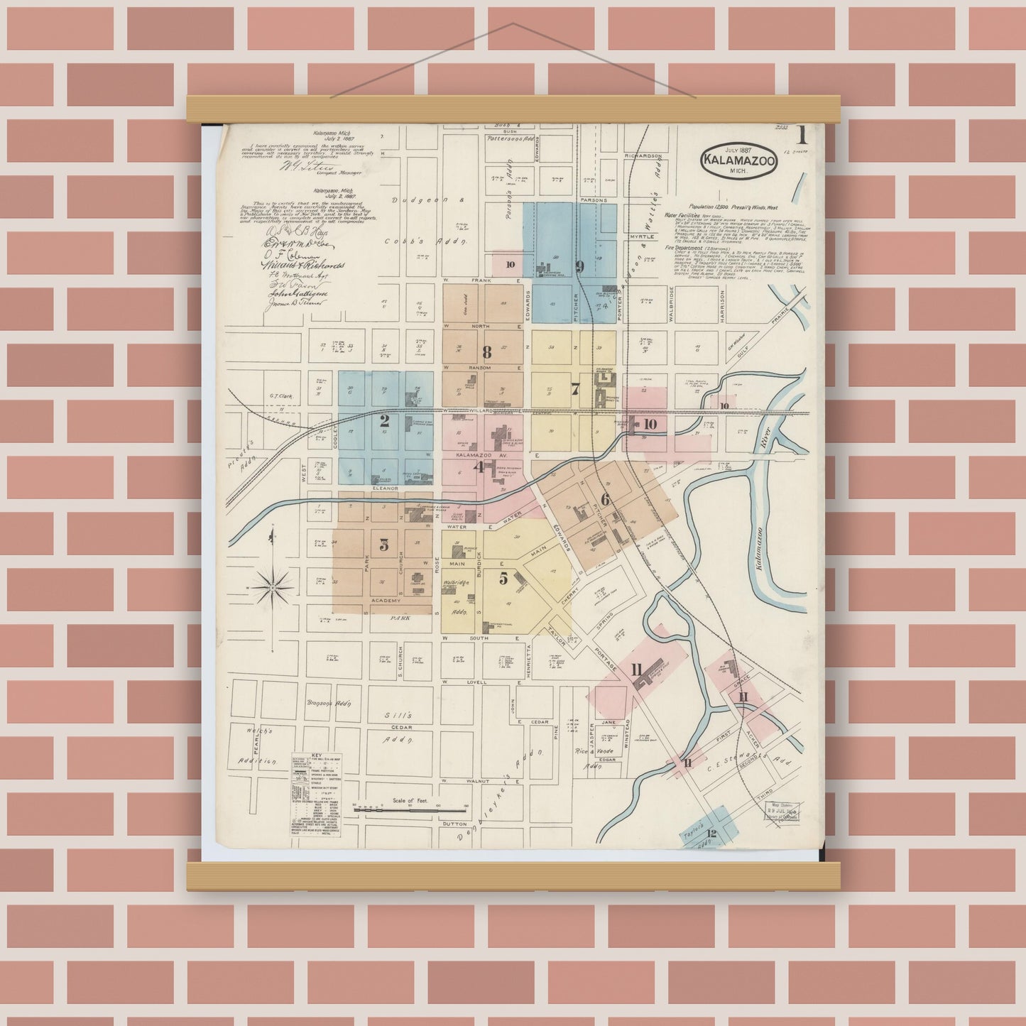 Old map wall art mockup — magnetic wood frame on brick wall — Sanborn Fire Insurance Map from Kalamazoo, Kalamazoo County, Michigan (1887) - Complete Map Set