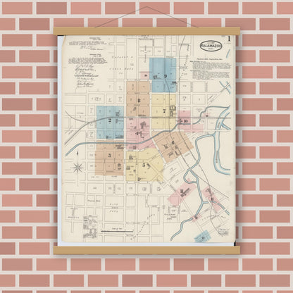 Old map wall art mockup — magnetic wood frame on brick wall — Sanborn Fire Insurance Map from Kalamazoo, Kalamazoo County, Michigan (1887) - Complete Map Set