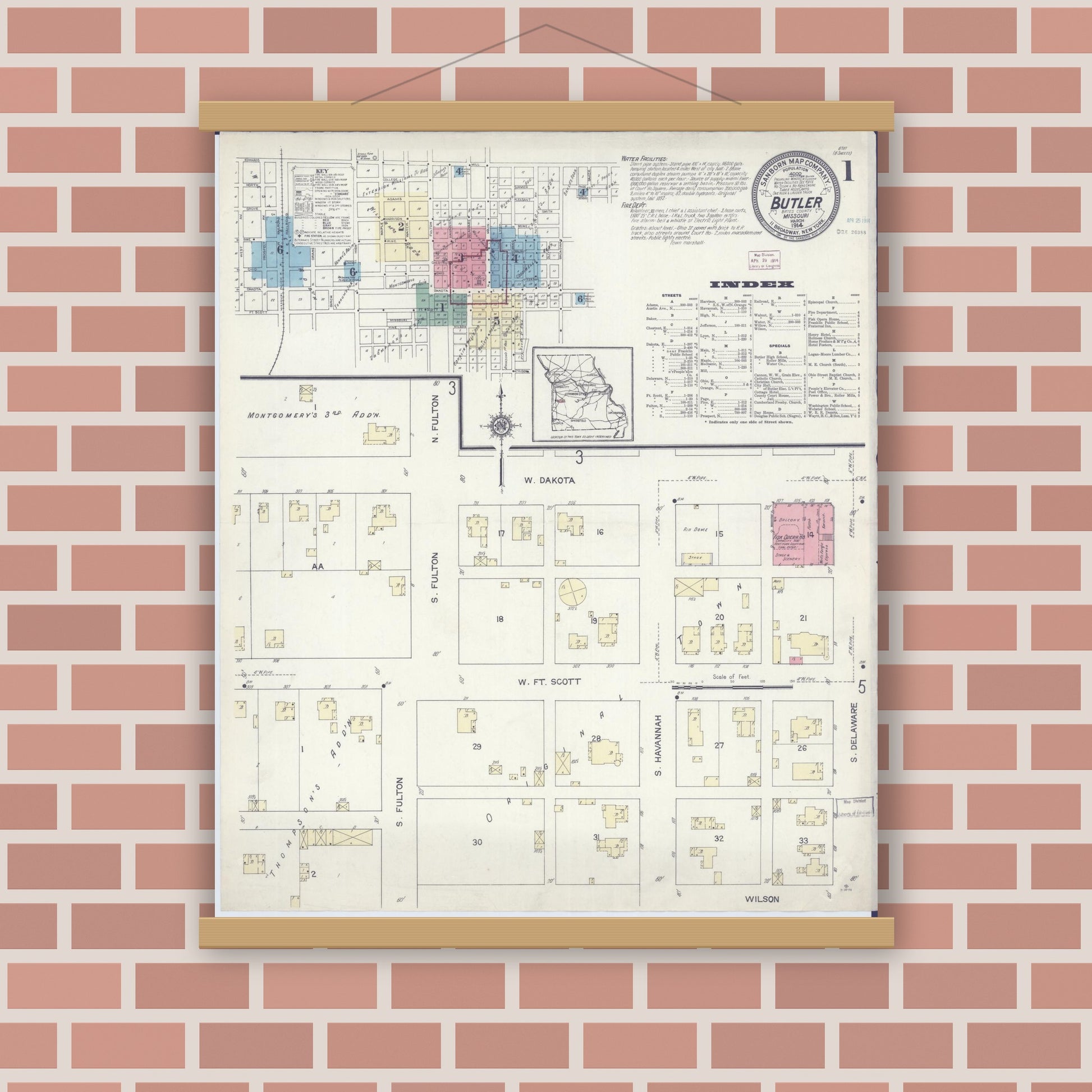 Old map wall art mockup — magnetic wood frame on brick wall — Sanborn Fire Insurance Map from Butler, Bates County, Missouri (1914) - Complete Map Set