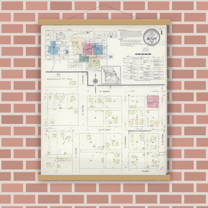 Old map wall art mockup — magnetic wood frame on brick wall — Sanborn Fire Insurance Map from Butler, Bates County, Missouri (1914) - Complete Map Set