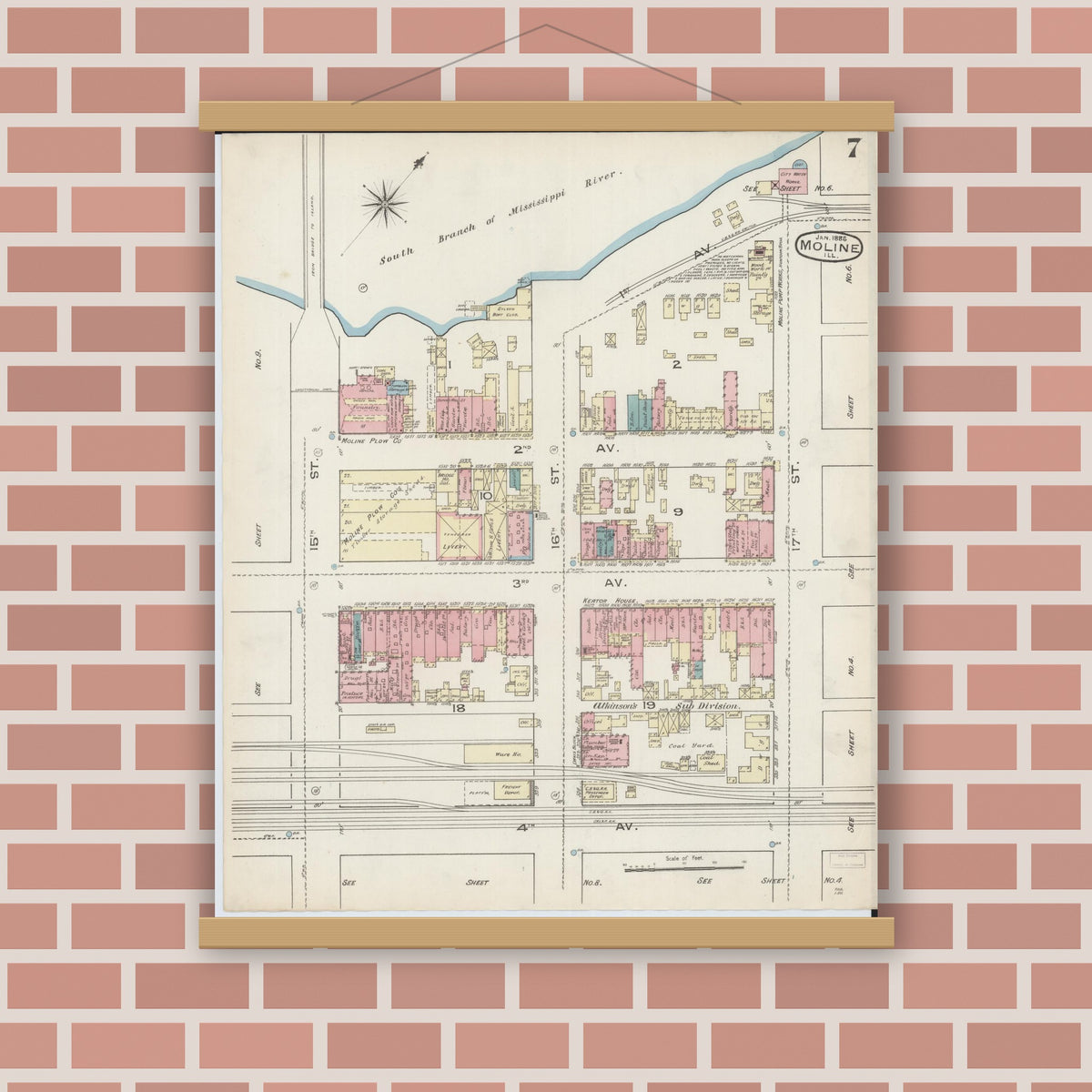 Old map wall art mockup — magnetic wood frame on brick wall — Sanborn Fire Insurance Map from Moline, Rock Island County, Illinois (1886), Sheet #0007