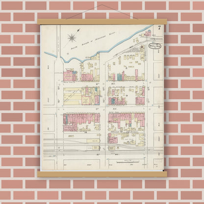 Old map wall art mockup — magnetic wood frame on brick wall — Sanborn Fire Insurance Map from Moline, Rock Island County, Illinois (1886), Sheet #0007