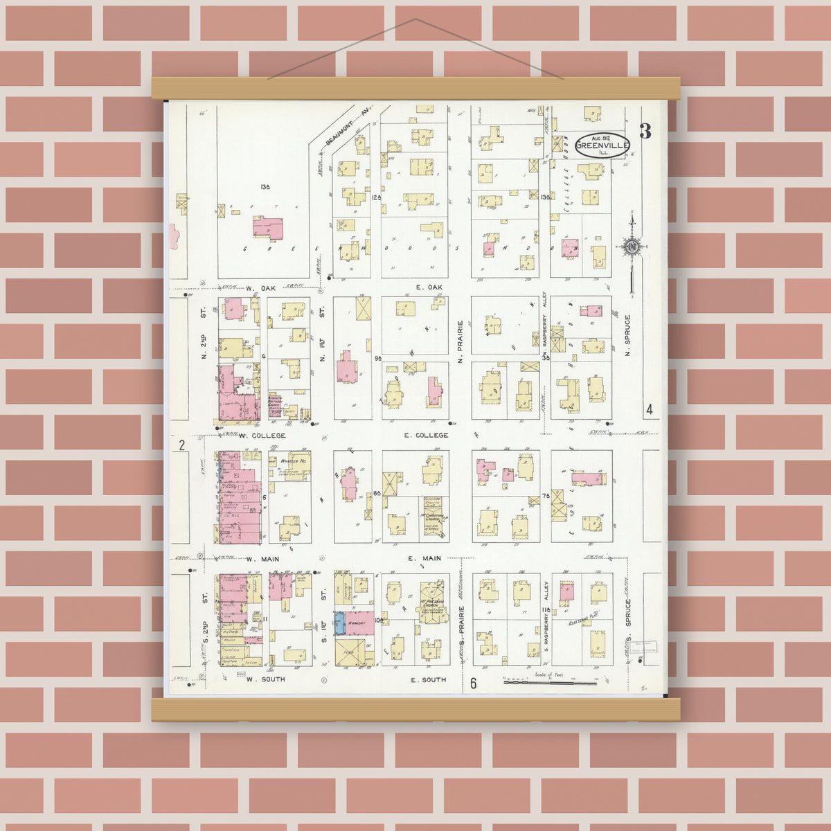 Old map wall art mockup — magnetic wood frame on brick wall — Sanborn Fire Insurance Map from Greenville, Bond County, Illinois (1912), Sheet #0003
