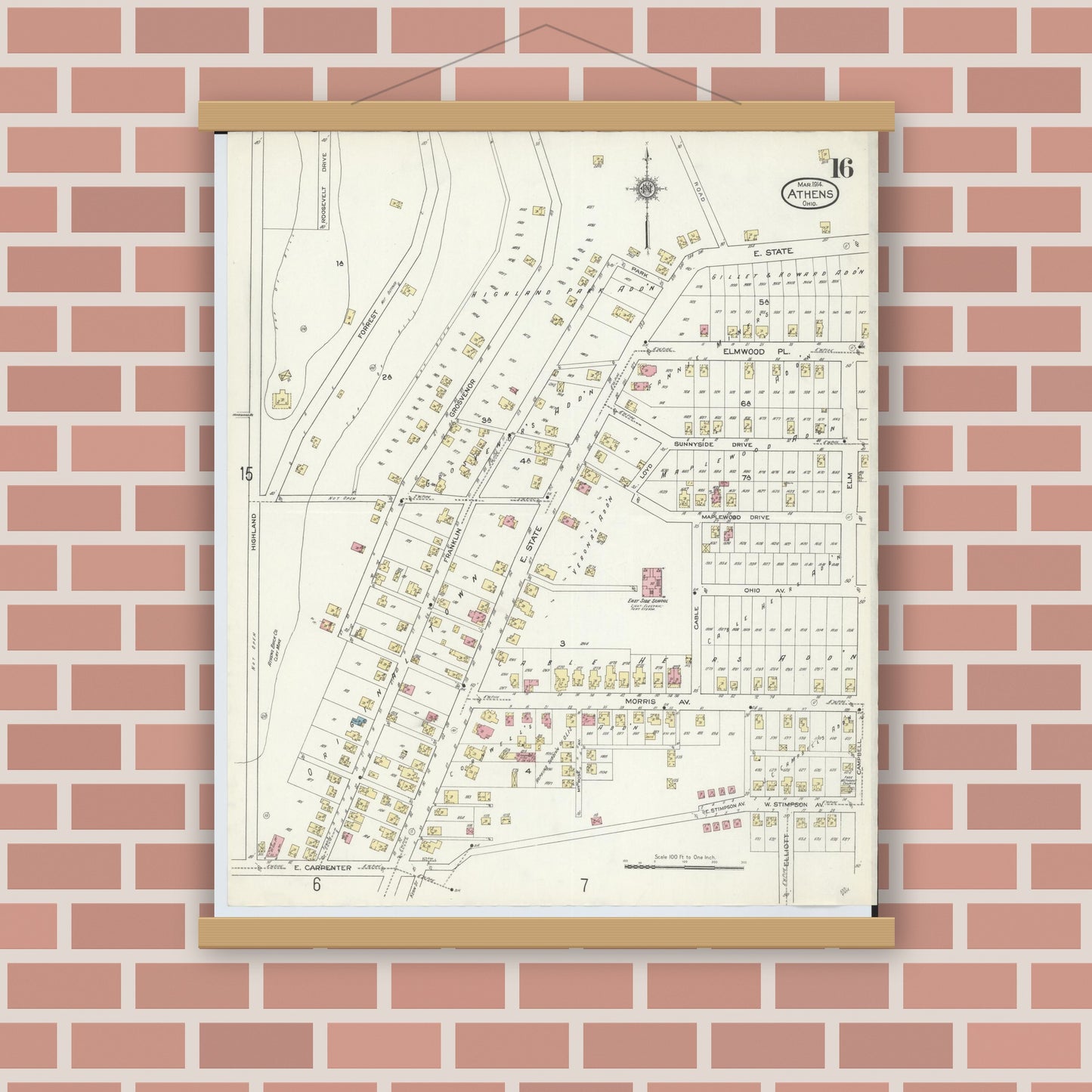 Old map wall art mockup — magnetic wood frame on brick wall — Sanborn Fire Insurance Map from Athens, Athens County, Ohio (1914), Sheet #0016