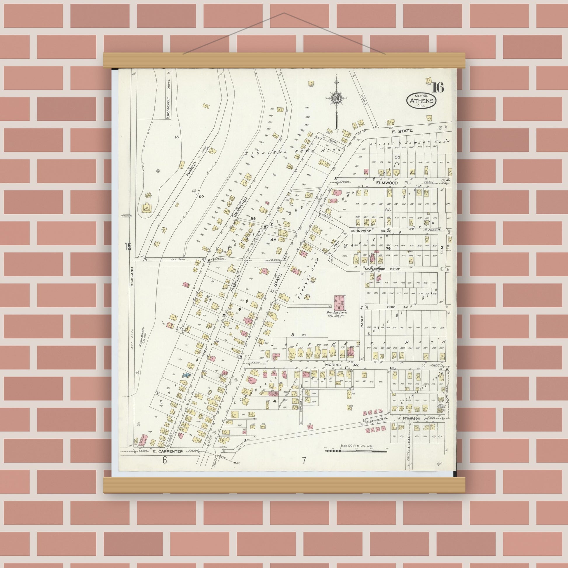 Old map wall art mockup — magnetic wood frame on brick wall — Sanborn Fire Insurance Map from Athens, Athens County, Ohio (1914), Sheet #0016