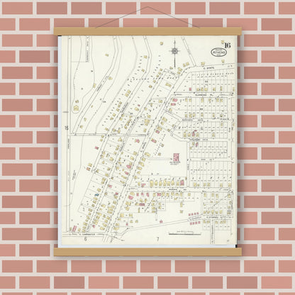 Old map wall art mockup — magnetic wood frame on brick wall — Sanborn Fire Insurance Map from Athens, Athens County, Ohio (1914), Sheet #0016