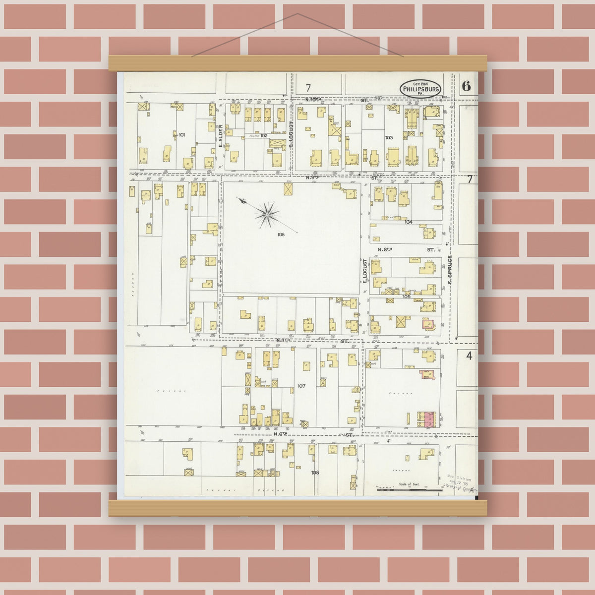 Old map wall art mockup — magnetic wood frame on brick wall — Sanborn Fire Insurance Map from Philipsburg, Centre County, Pennsylvania (1904), Sheet #0006