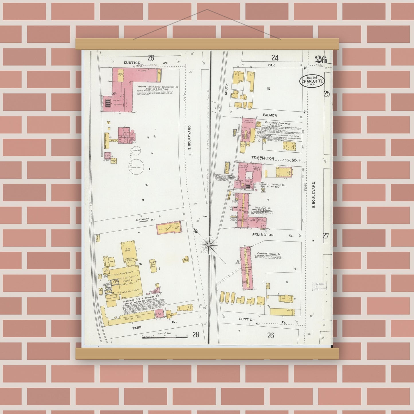 Old map wall art mockup — magnetic wood frame on brick wall — Sanborn Fire Insurance Map from Charlotte, Mecklenburg County, North Carolina (1905), Sheet #0026