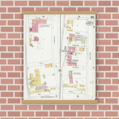 Old map wall art mockup — magnetic wood frame on brick wall — Sanborn Fire Insurance Map from Charlotte, Mecklenburg County, North Carolina (1905), Sheet #0026