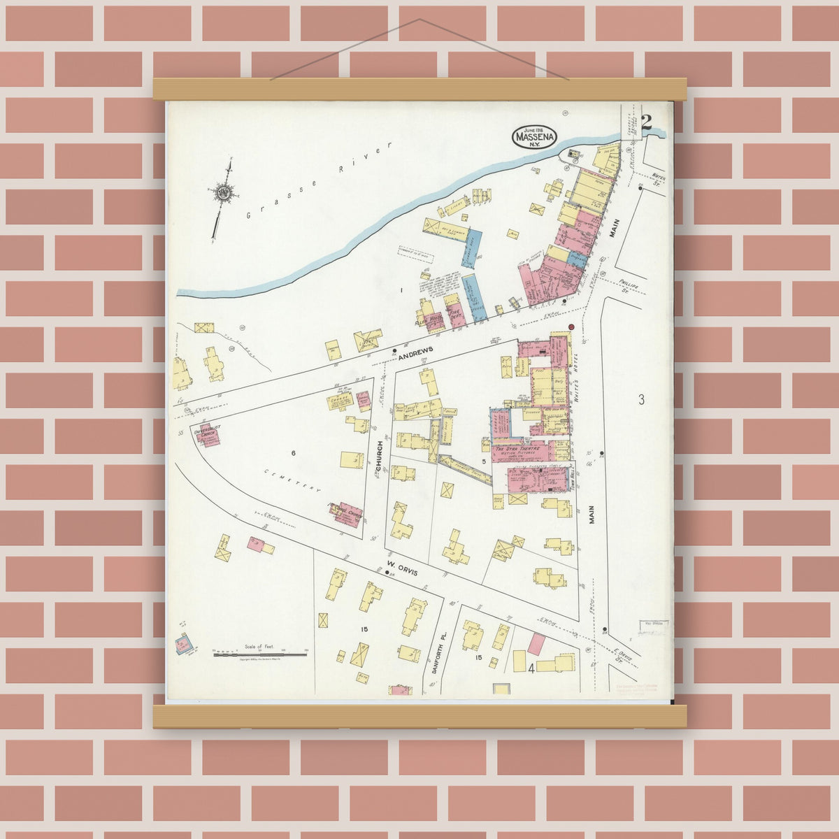 Old map wall art mockup — magnetic wood frame on brick wall — Sanborn Fire Insurance Map from Massena, St. Lawrence County, New York (1918) - Complete Map Set