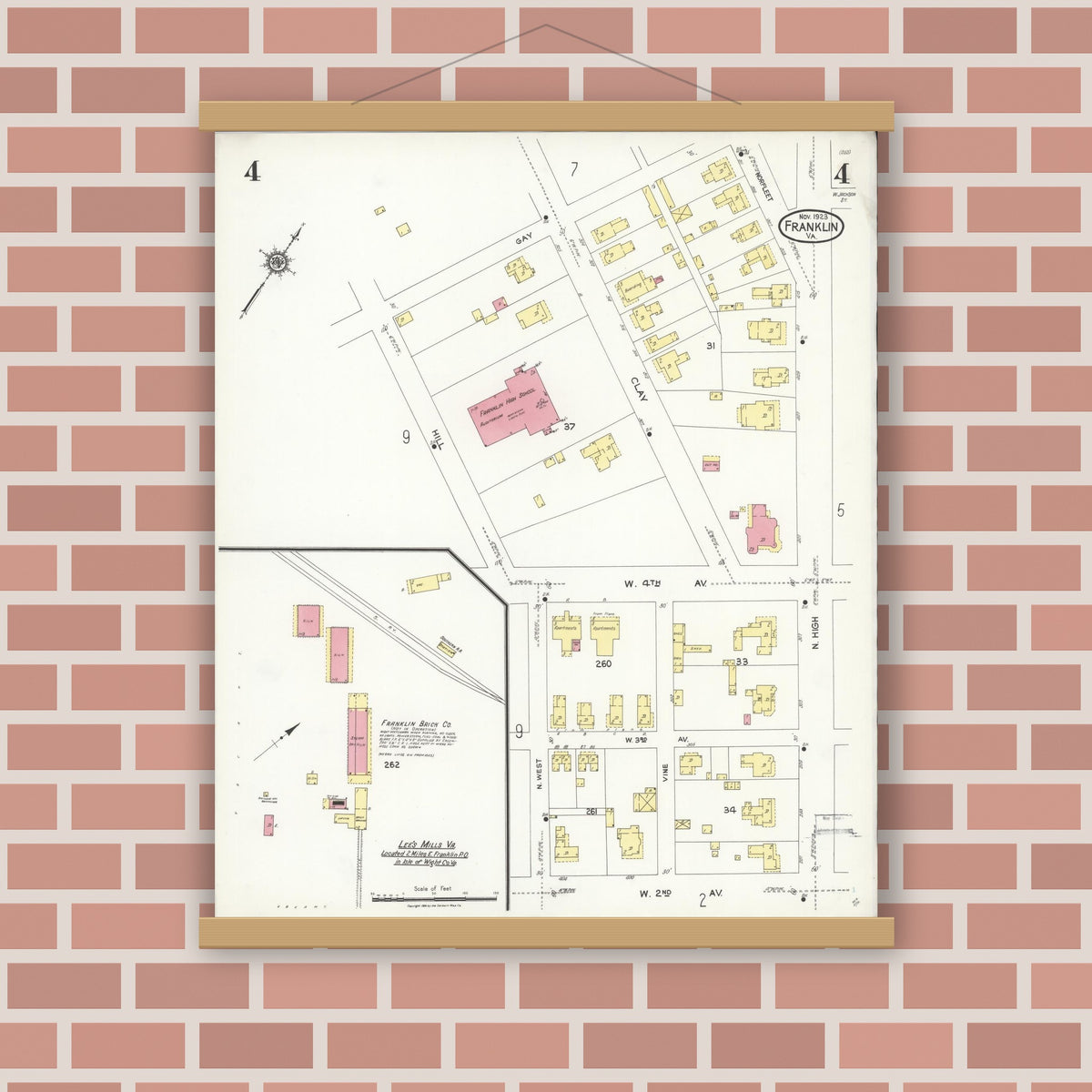 Old map wall art mockup — magnetic wood frame on brick wall — Sanborn Fire Insurance Map from Franklin, Independent Cities, Virginia (1923), Sheet #0004