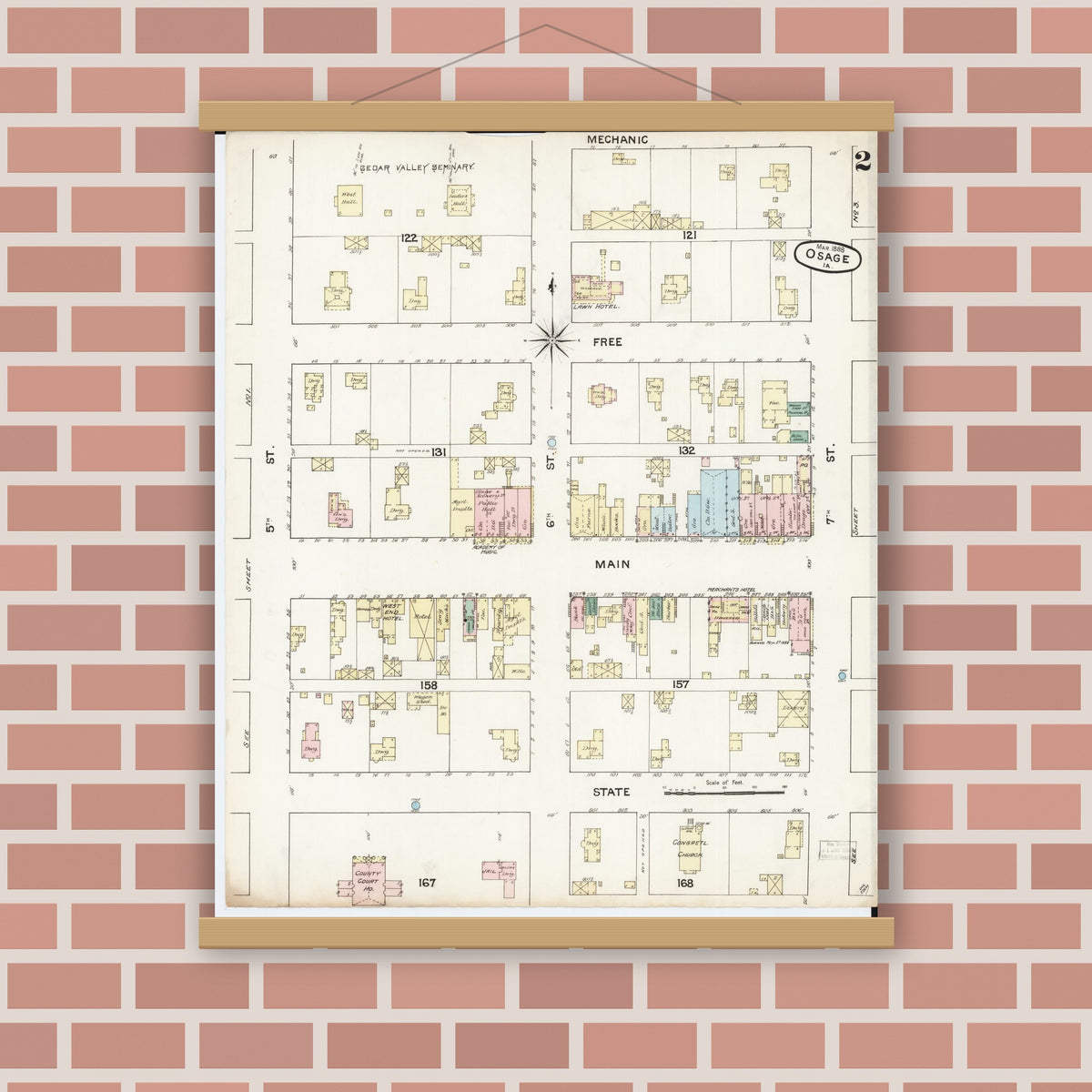 Old map wall art mockup — magnetic wood frame on brick wall — Sanborn Fire Insurance Map from Osage, Mitchell County, Iowa (1888), Sheet #0002
