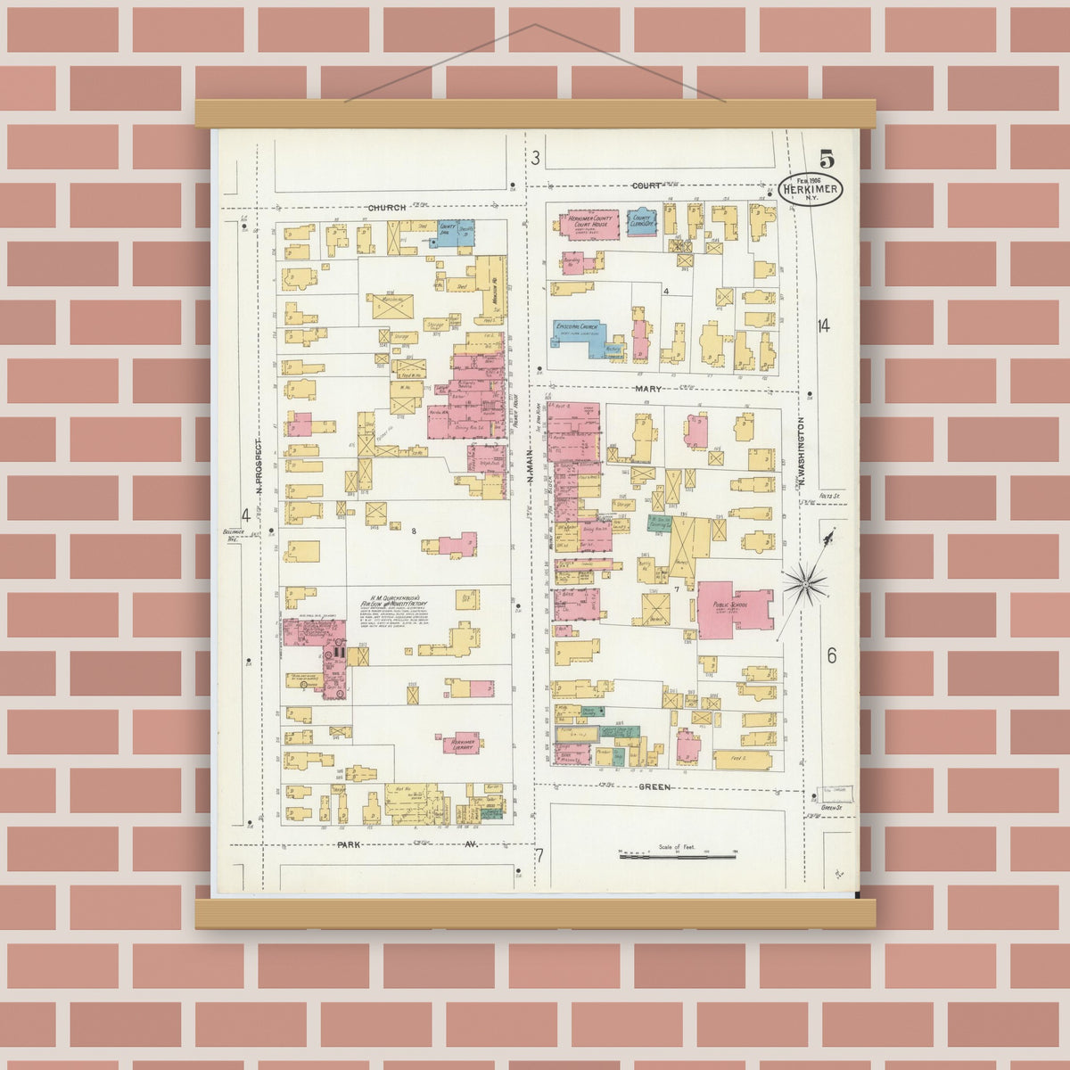 Old map wall art mockup — magnetic wood frame on brick wall — Sanborn Fire Insurance Map from Herkimer, Herkimer County, New York (1906), Sheet #0005