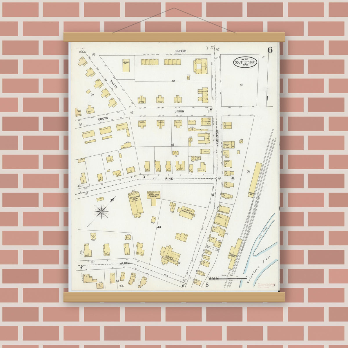 Old map wall art mockup — magnetic wood frame on brick wall — Sanborn Fire Insurance Map from Southbridge, Worcester County, Massachusetts (1899), Sheet #0006